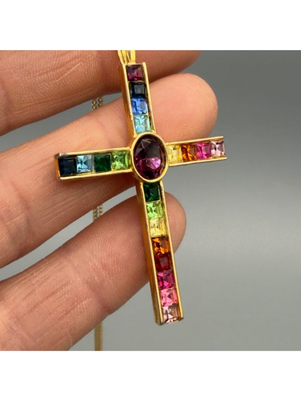 Vintage P S Co 1998 Gold Tone Multicolor Crystal Cross Pendant Necklace Rainbow - Picture 12 of 15